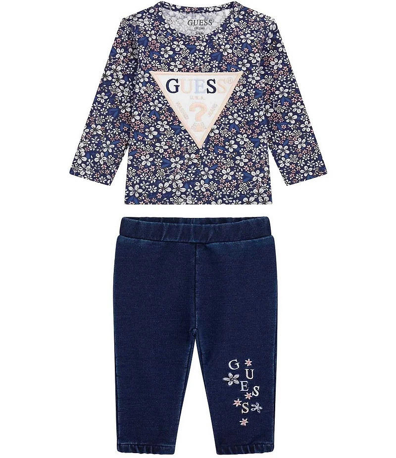 Guess Baby Girls Long Sleeve T-Shirt & Knit Denim Pants Set