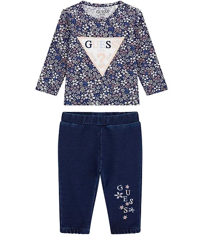 Guess Baby Girls Long Sleeve T-Shirt & Knit Denim Pants Set