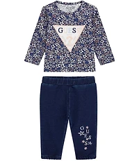 Guess Baby Girls Long Sleeve T-Shirt & Knit Denim Pants Set