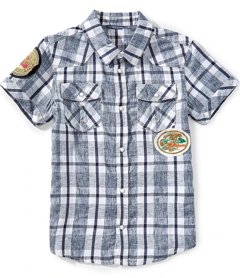 Guess Big Boys Short Sleeve Fancy Check Plaid Shirt