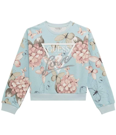 Guess Big Girls Floral Butterfly Graphic Long Sleeve Unbrushed Fleece Top
