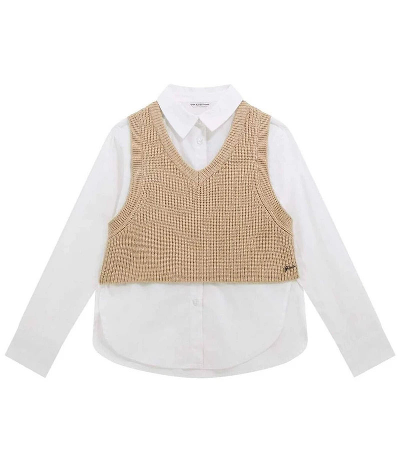 Guess Big Girls Long Sleeve Poplin Shirt With Sweater Vest