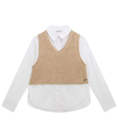 Guess Big Girls Long Sleeve Poplin Shirt With Sweater Vest