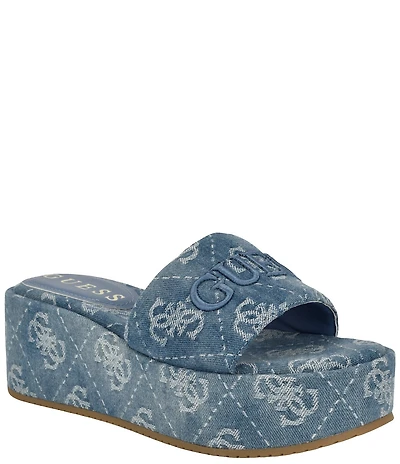 Guess Bintai Denim Jacquard Embroidered Logo Detail Platform Slides