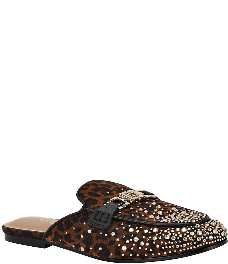 Guess Bommiyaa Leopard Print Rhinestone Logo Hardware Mules