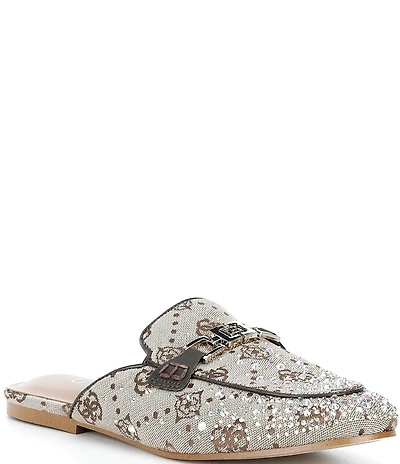 Guess Bommiyaa Logo Print Rhinestone Hardware Mules