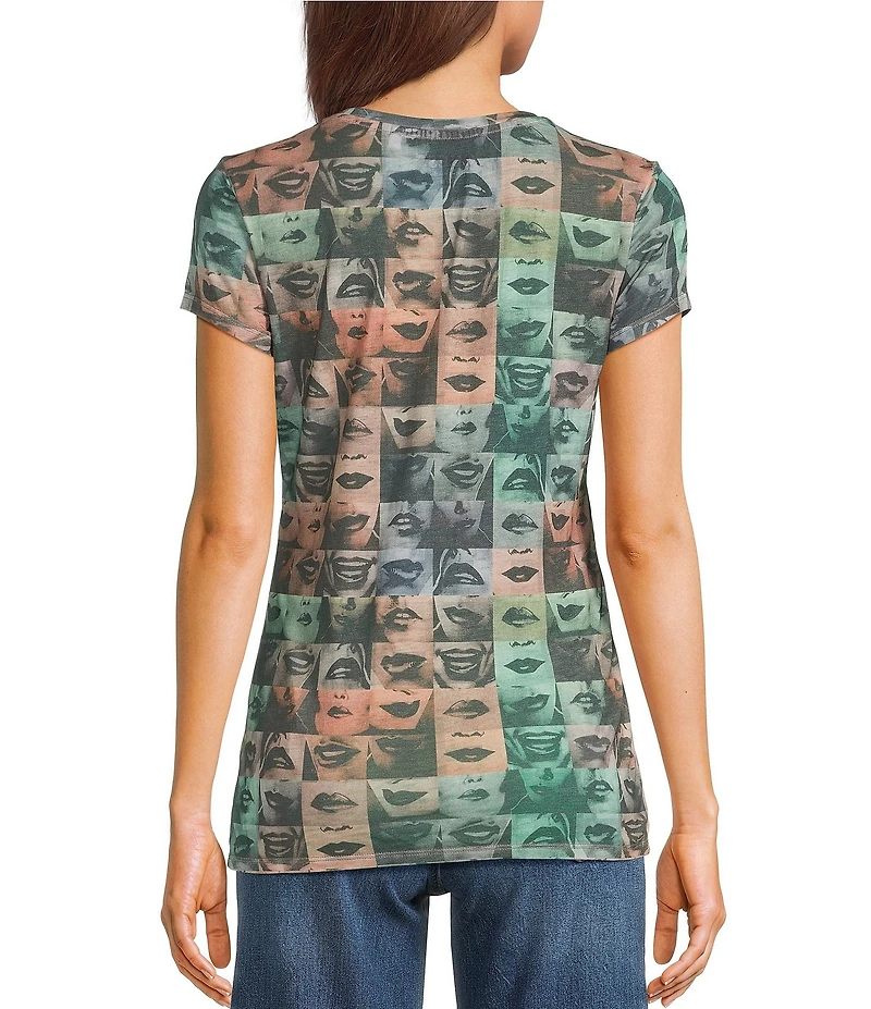 Guess Checkered Lips Printed Short Sleeve Burnout Jersey T-Shirt