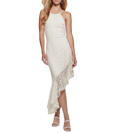 Guess Claudia Eyelet Embroidered Floral Overlay Asymmetric Hem Dress