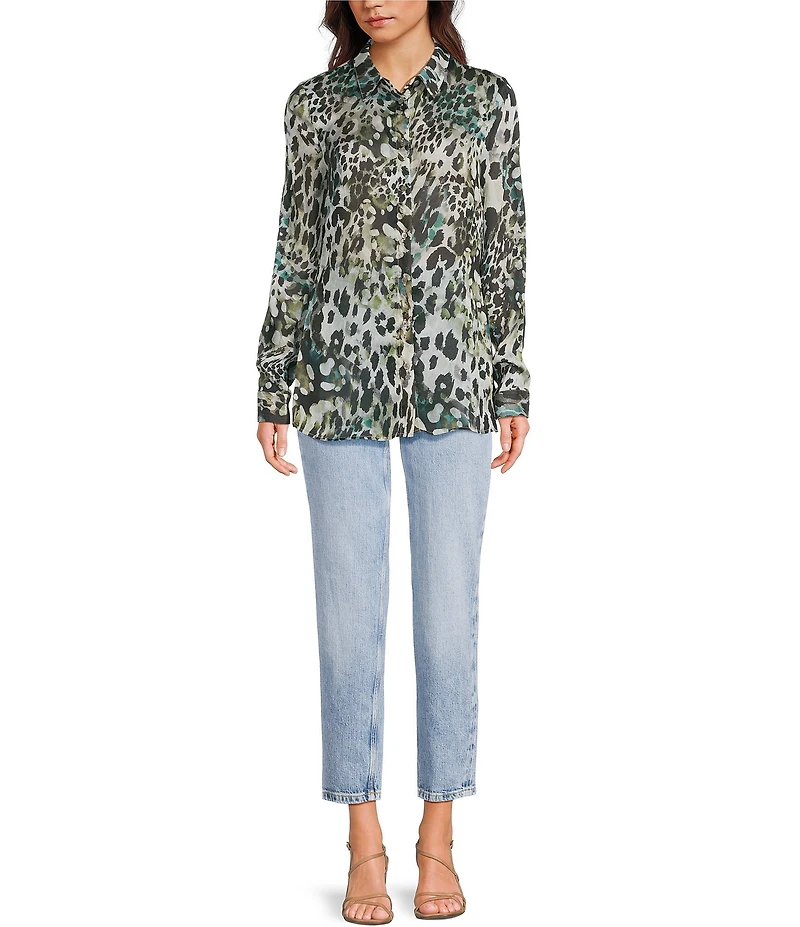 Guess Clouis Long Sleeve Leopard Print Crinkled Chiffon Shirt