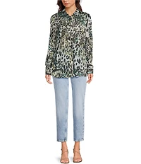 Guess Clouis Long Sleeve Leopard Print Crinkled Chiffon Shirt