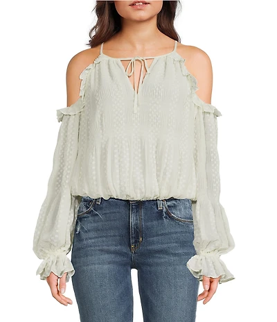 Guess Emilia Cold Shoulder Dotted Long Sleeve Chiffon Top