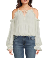 Guess Emilia Cold Shoulder Dotted Long Sleeve Chiffon Top