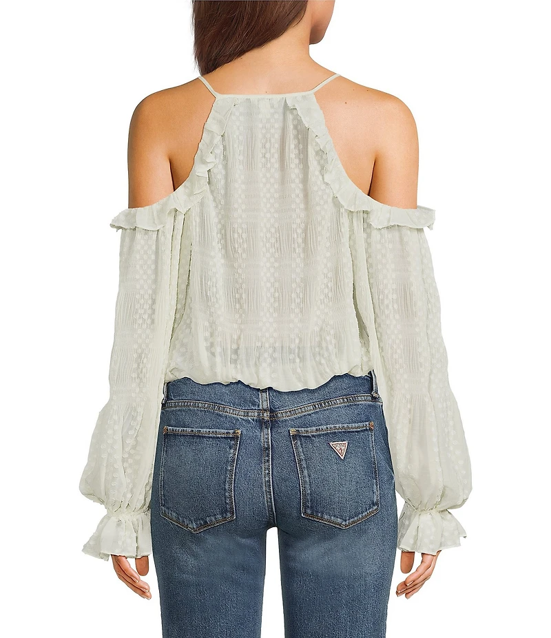 Guess Emilia Cold Shoulder Dotted Long Sleeve Chiffon Top