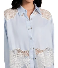 Guess Evie Lace Trimmed Long Sleeve Denim Top