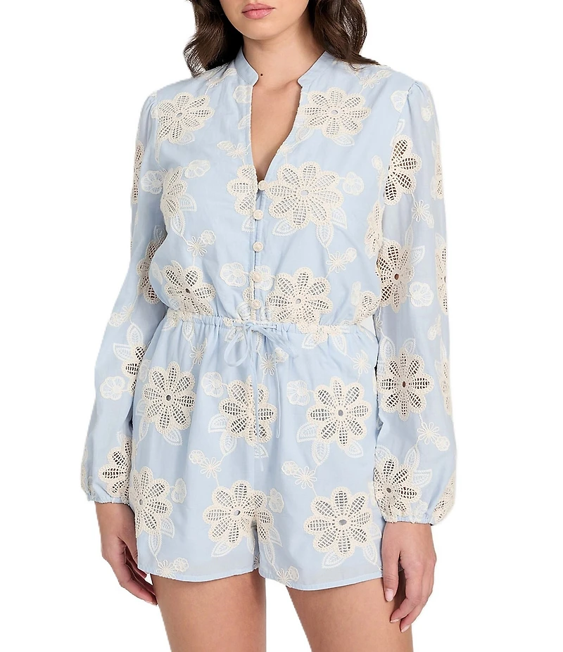 Guess Floral Embroidered Long Sleeve Voile Romper