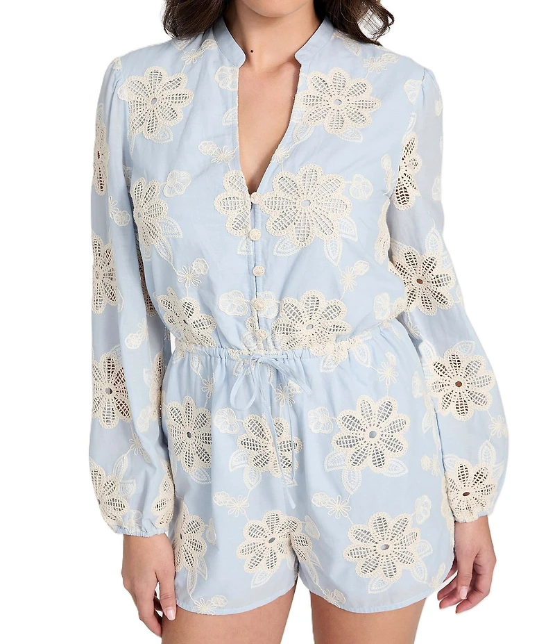 Guess Floral Embroidered Long Sleeve Voile Romper