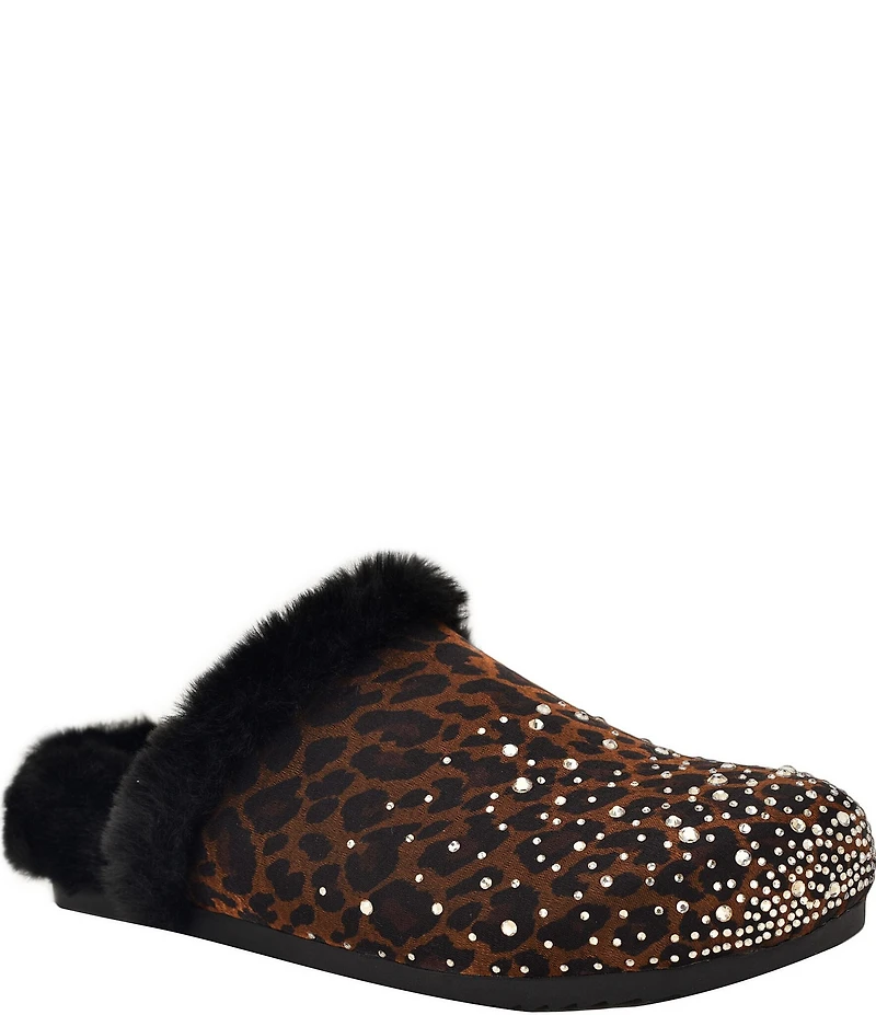 Guess Gascona Leopard Print Embellished Velvet Faux Fur Lined Mules