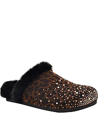 Guess Gascona Leopard Print Embellished Velvet Faux Fur Lined Mules
