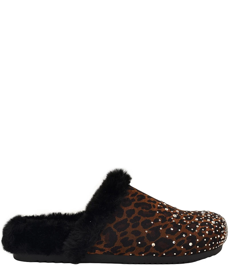 Guess Gascona Leopard Print Embellished Velvet Faux Fur Lined Mules