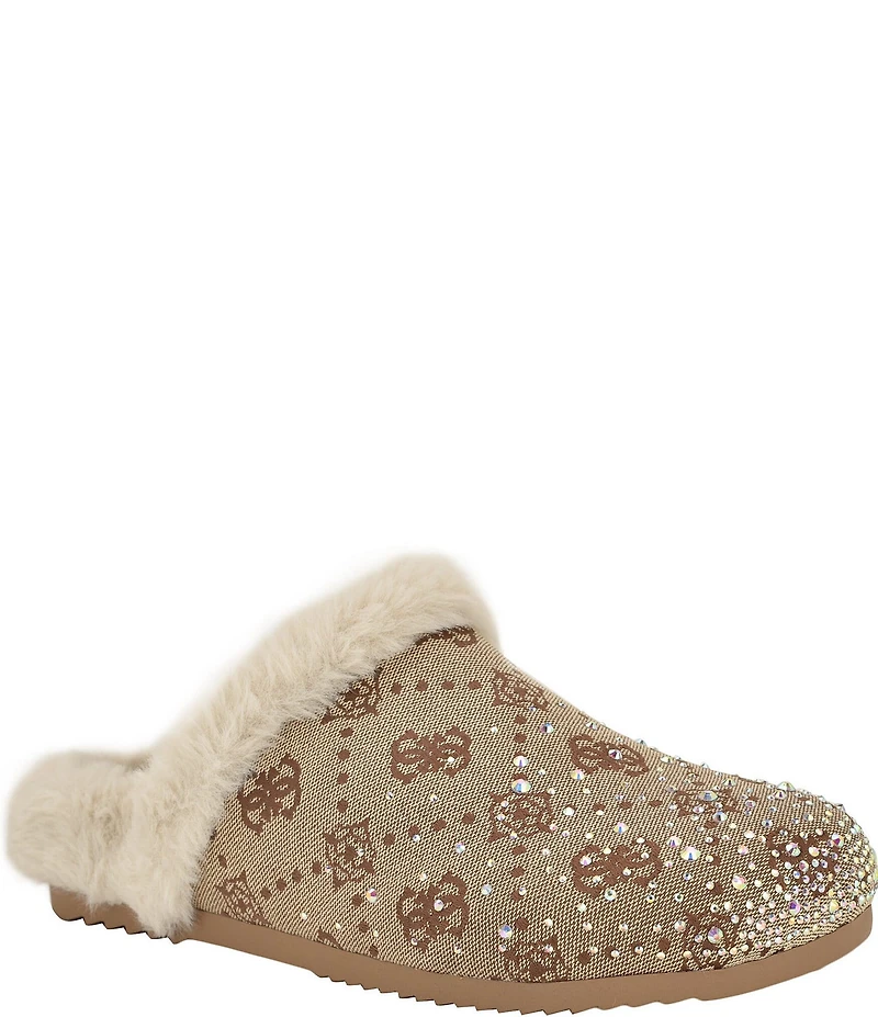 Guess Gascona Signature Logo Embellished Velvet Faux Fur Lined Mules