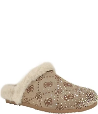 Guess Gascona Signature Logo Embellished Velvet Faux Fur Lined Mules