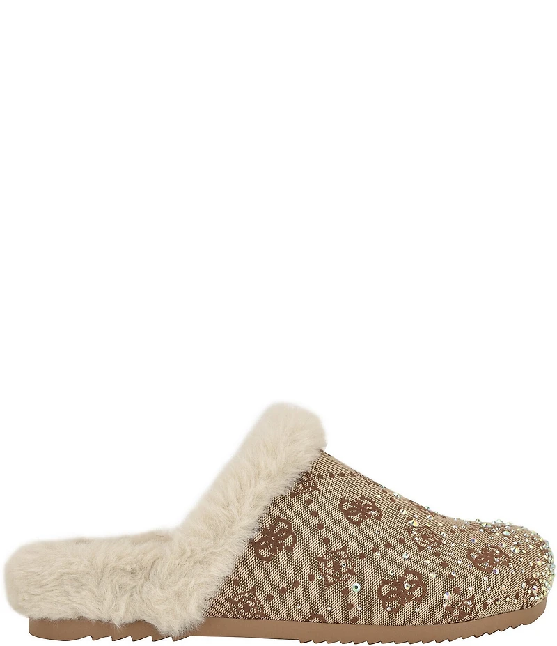 Guess Gascona Signature Logo Embellished Velvet Faux Fur Lined Mules