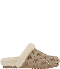 Guess Gascona Signature Logo Embellished Velvet Faux Fur Lined Mules
