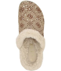 Guess Gascona Signature Logo Embellished Velvet Faux Fur Lined Mules