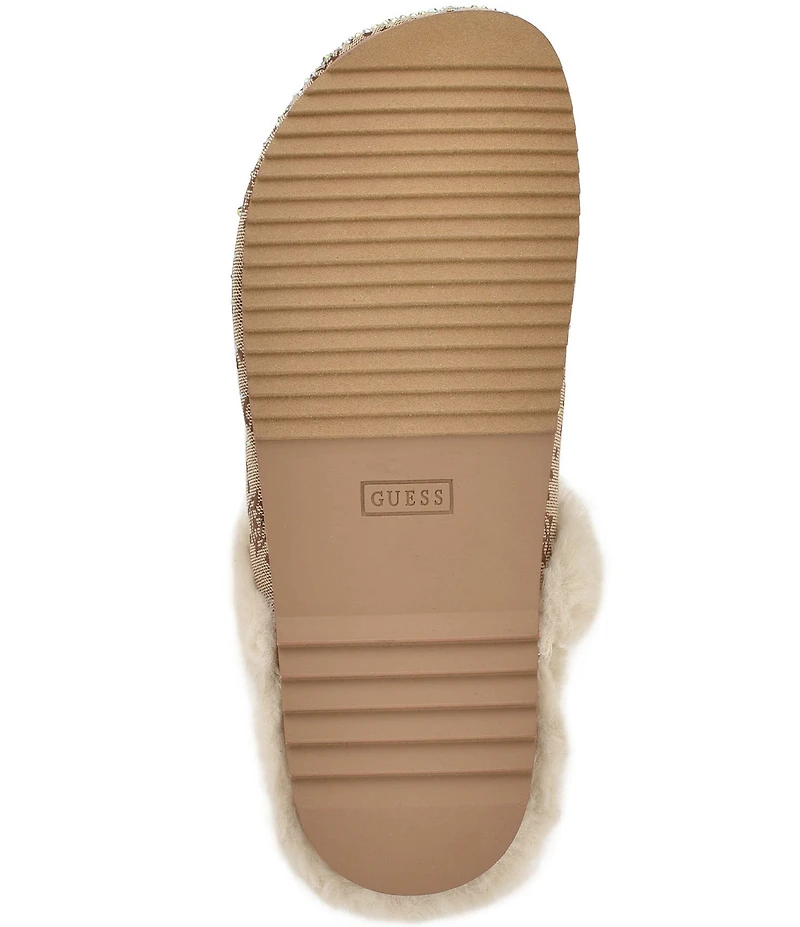 Guess Gascona Signature Logo Embellished Velvet Faux Fur Lined Mules