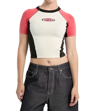 Guess Go Fitted Race Short Sleeve Color Blocked Cropped Sweater