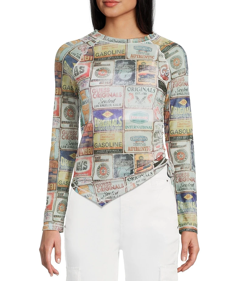 Guess Graphic Pattern Mesh Raglan Sleeve Top