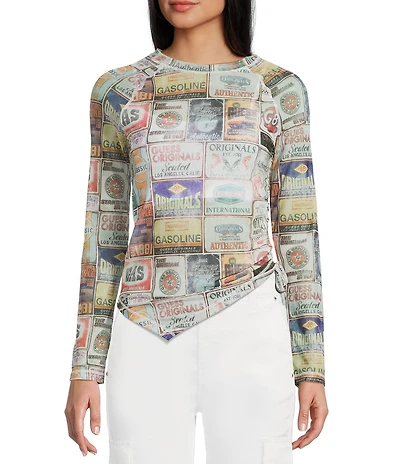 Guess Graphic Pattern Mesh Raglan Sleeve Top
