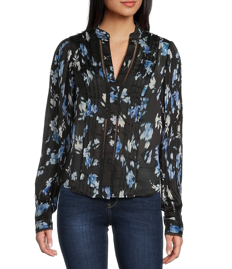 Guess Josette Long Sleeve Floral Printed Chiffon Top