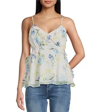 Guess Linda Sleeveless Ruffled Floral Printed Crinkle Chiffon Tank Top