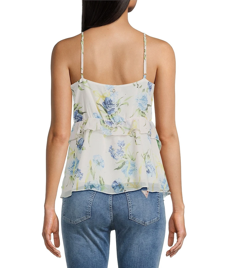 Guess Linda Sleeveless Ruffled Floral Printed Crinkle Chiffon Tank Top