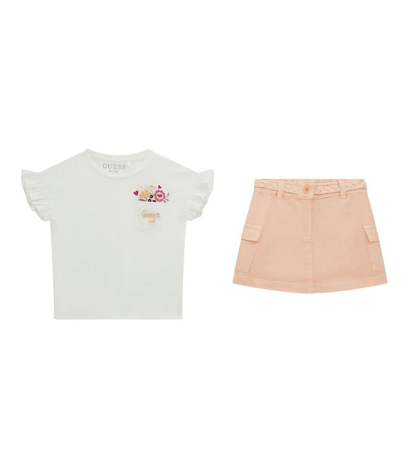 Guess Little Girls Short Ruffle Sleeves Embroidered Design T-Shirt & Mini Skirt 2-Piece Set