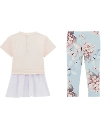 Guess Little Girls Short Sleeve Floral & Butterflies Graphic Mesh Layer Top & Printed Leggings Set