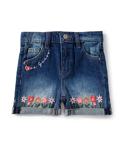 Guess Little Girls Flower Embroidered Five-Pocket Denim Shorts