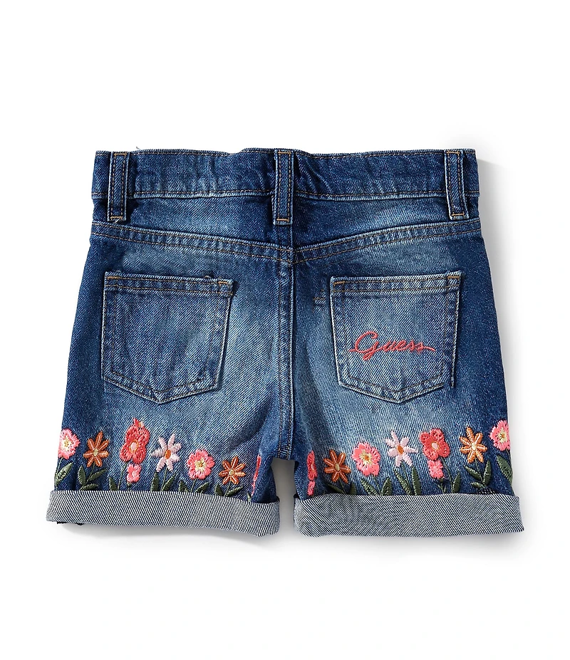Guess Little Girls Flower Embroidered Five-Pocket Denim Shorts