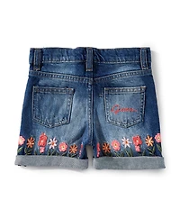 Guess Little Girls Flower Embroidered Five-Pocket Denim Shorts