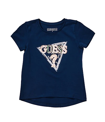 Guess Little Girls Short Sleeve Sequin-Embellished Embroidered Triangle-Shaped Motif T-Shirt