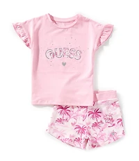 Guess Little Girls Sparkle Guess Embroidered Short Flutter Sleeve T-Shirt & Short Set