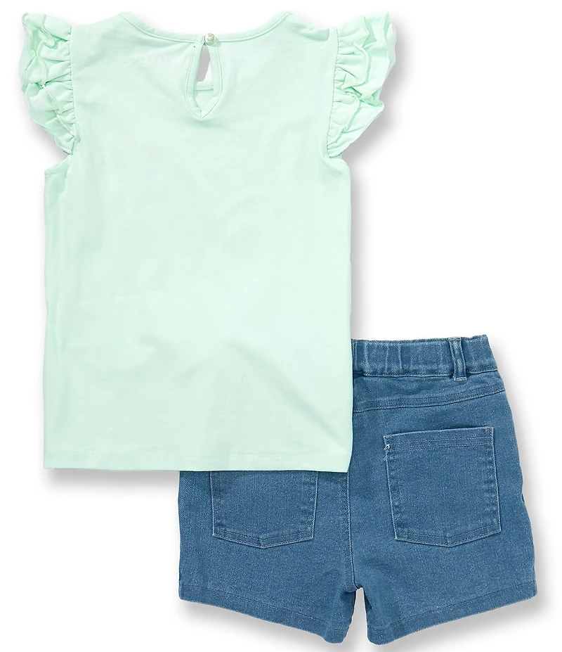 Guess Little Girls Embroidered Short Ruffle Sleeve T-Shirt & Denim Shorts Set