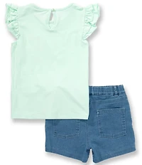 Guess Little Girls Embroidered Short Ruffle Sleeve T-Shirt & Denim Shorts Set