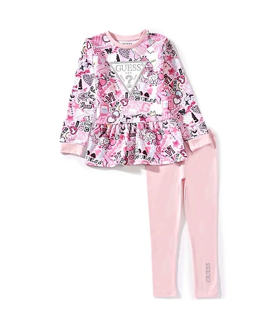 Guess Little Girls Long Sleeve All Over Printed Active Top & Leggings Set