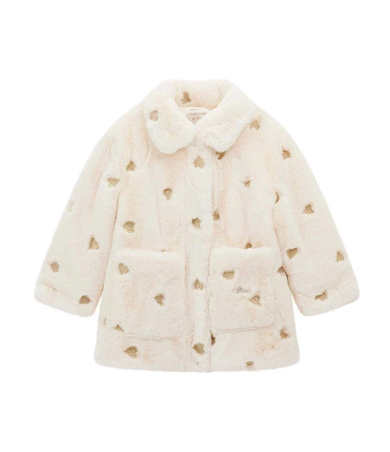 Guess Little Girls Long Sleeve Heart Embroidered Faux Fur Jacket