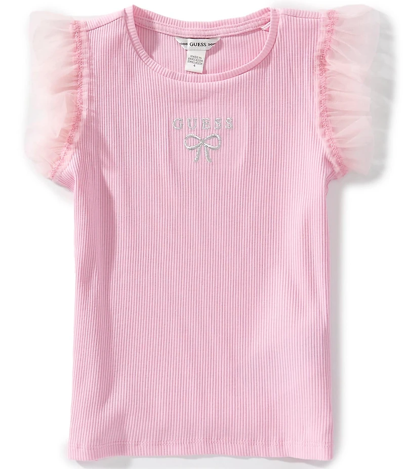 Guess Little Girls Mesh-Sleeve Embroidered-Logo Rib-Knit T-Shirt