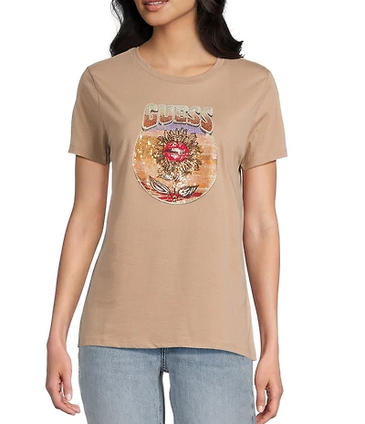 Guess Logo Detailed/Desert Flower Rhinestone Graphic Short Sleeve T-Shirt