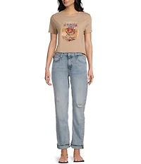 Guess Logo Detailed/Desert Flower Rhinestone Graphic Short Sleeve T-Shirt