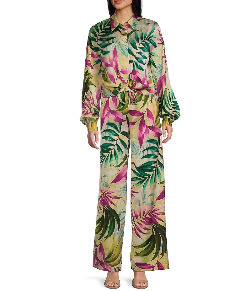 Guess Coordinating Satin Tropical Print Long Sleeve Bowed Jun Shirt